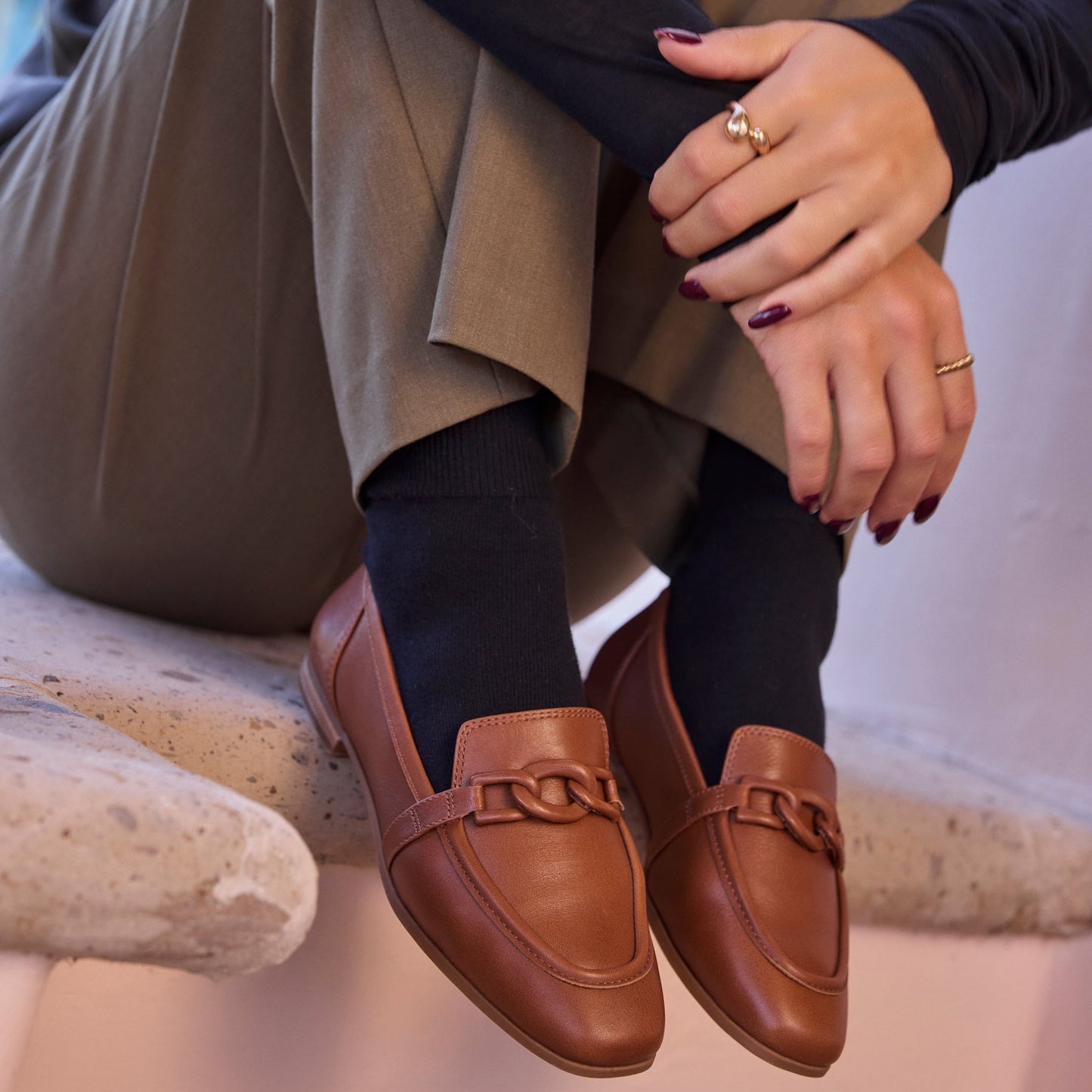 Womens Lynette Loafer Amber Brown Leather with Chain